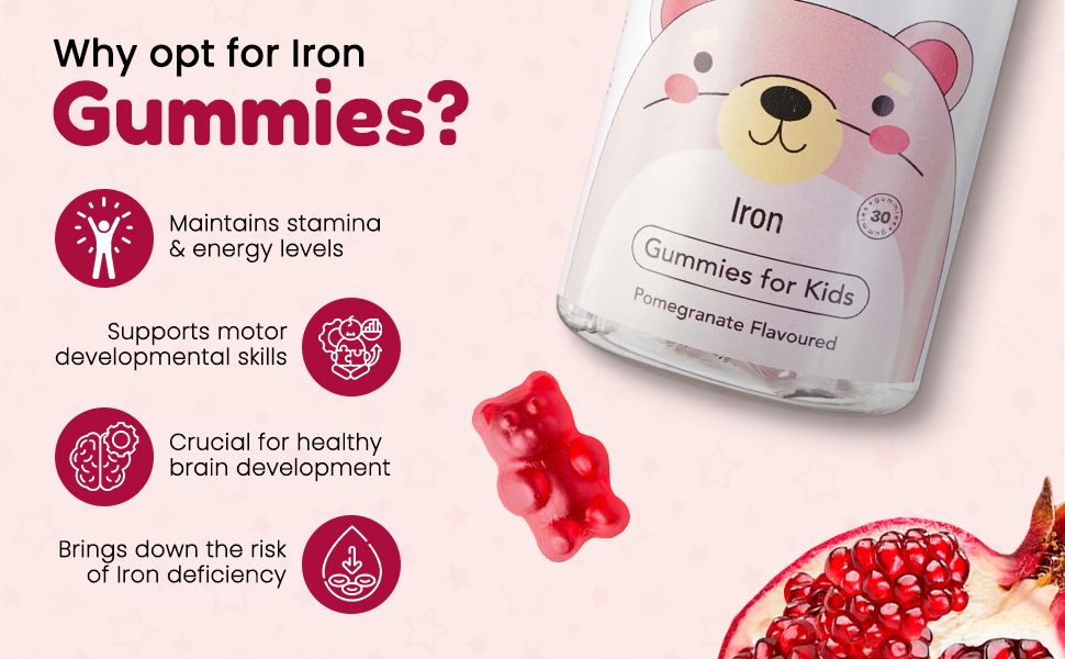 Junior Iron Gummies for Kids (4+ years), Prevent Fatigue, Boost Energy, Supports Immune System, 100% Veg, Iron Supplements for Kids (Pomegranate Flavour, 30 Gummies)