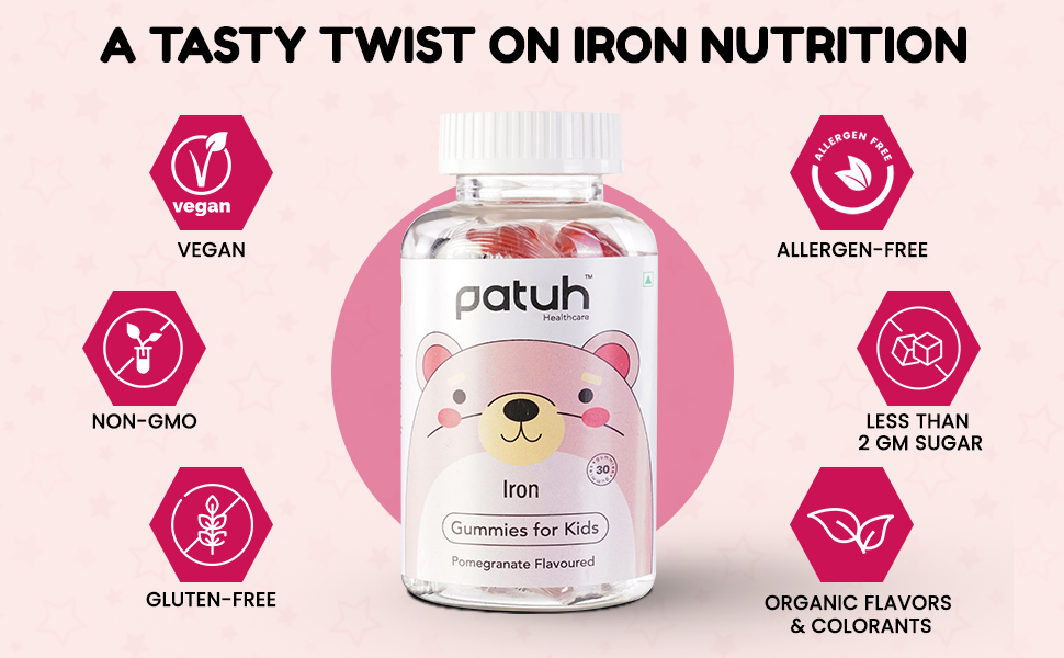 Junior Iron Gummies for Kids (4+ years), Prevent Fatigue, Boost Energy, Supports Immune System, 100% Veg, Iron Supplements for Kids (Pomegranate Flavour, 30 Gummies)
