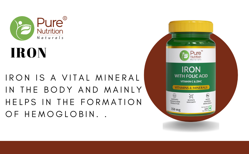 Pure Nutrition Chelated Iron Supplement for Women and Men | Folic Acid Tablets for Pregnancy | Hemoglobin Booster & Maintains Irons Level | with Zinc, Vitamin C & Vitamin B12 - 60 Veg Tablets for Hair Growth with Iron Bisglycinate