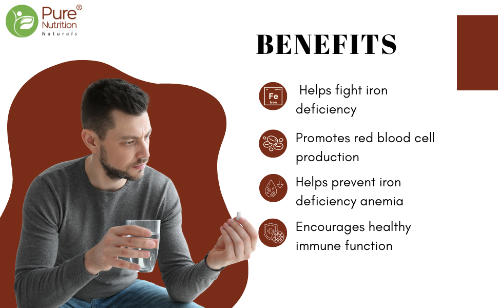 Pure Nutrition Chelated Iron Supplement for Women and Men | Folic Acid Tablets for Pregnancy | Hemoglobin Booster & Maintains Irons Level | with Zinc, Vitamin C & Vitamin B12 - 60 Veg Tablets for Hair Growth with Iron Bisglycinate
