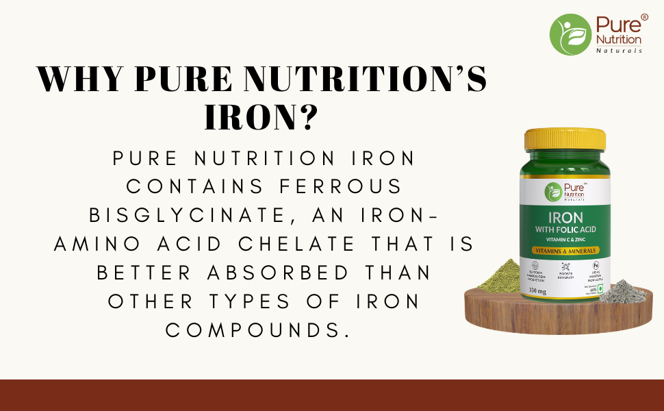 Pure Nutrition Chelated Iron Supplement for Women and Men | Folic Acid Tablets for Pregnancy | Hemoglobin Booster & Maintains Irons Level | with Zinc, Vitamin C & Vitamin B12 - 60 Veg Tablets for Hair Growth with Iron Bisglycinate