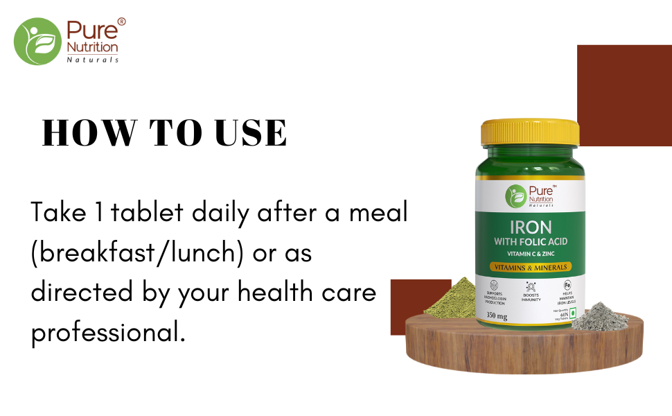 Pure Nutrition Chelated Iron Supplement for Women and Men | Folic Acid Tablets for Pregnancy | Hemoglobin Booster & Maintains Irons Level | with Zinc, Vitamin C & Vitamin B12 - 60 Veg Tablets for Hair Growth with Iron Bisglycinate