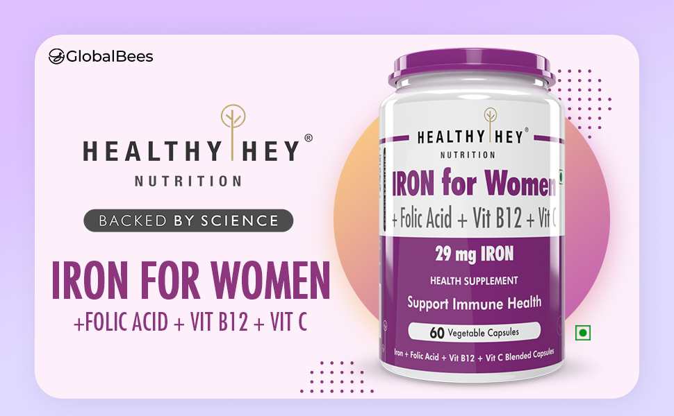 HealthyHey Nutrition Iron Supplement for Women -100% Chelated - With Vitamin B12, Folic Acid & Vitamin C for High Absorption (60 Veg Capsules)