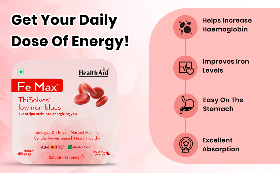 HealthAid® Fe Max™ ThiSolves™ – Iron + Folic Acid Oral Strips | With Vitamin C, Zinc & Beetroot | Haemoglobin & Energy Support | 30 Strips