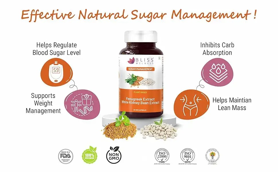 Bliss Welness Blood Sugar & Weight Management | Pure Fenugreek Extract 3X Saponins + White Kidney Bean Extract Carb Blocker | Gut Hair Skin Health Sugar Management Supplement - 60 Veg Capsules