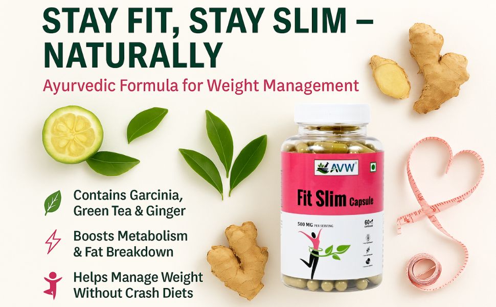 AVW Fit Slim 60 Herbal Capsules | 500mg , Weight Loss Supplement for Women & Men With Green Tea , Black Pepper , Vrikshamla , Guggulu , Haritaki , Ginger , Fenugreek | Metabolism Booster, Fat Burner Weight Loss Supplement for Fat Burn, Appetite Control & Metabolism Boost |