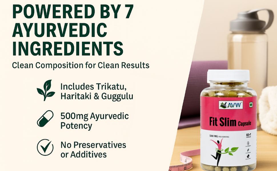AVW Fit Slim 60 Herbal Capsules | 500mg , Weight Loss Supplement for Women & Men With Green Tea , Black Pepper , Vrikshamla , Guggulu , Haritaki , Ginger , Fenugreek | Metabolism Booster, Fat Burner Weight Loss Supplement for Fat Burn, Appetite Control & Metabolism Boost |