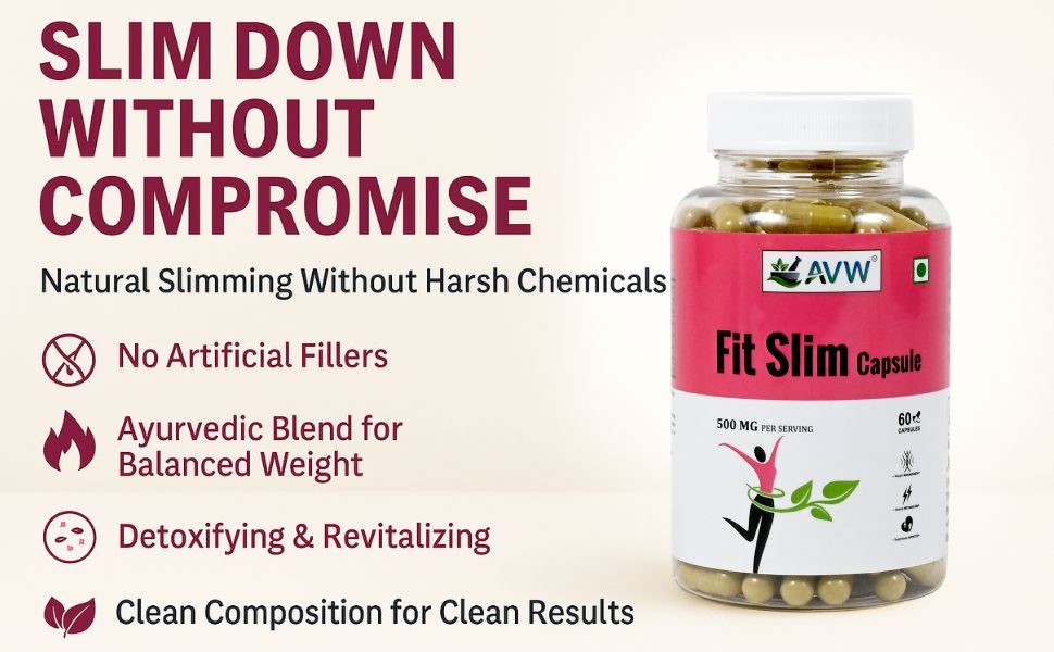 AVW Fit Slim 60 Herbal Capsules | 500mg , Weight Loss Supplement for Women & Men With Green Tea , Black Pepper , Vrikshamla , Guggulu , Haritaki , Ginger , Fenugreek | Metabolism Booster, Fat Burner Weight Loss Supplement for Fat Burn, Appetite Control & Metabolism Boost |