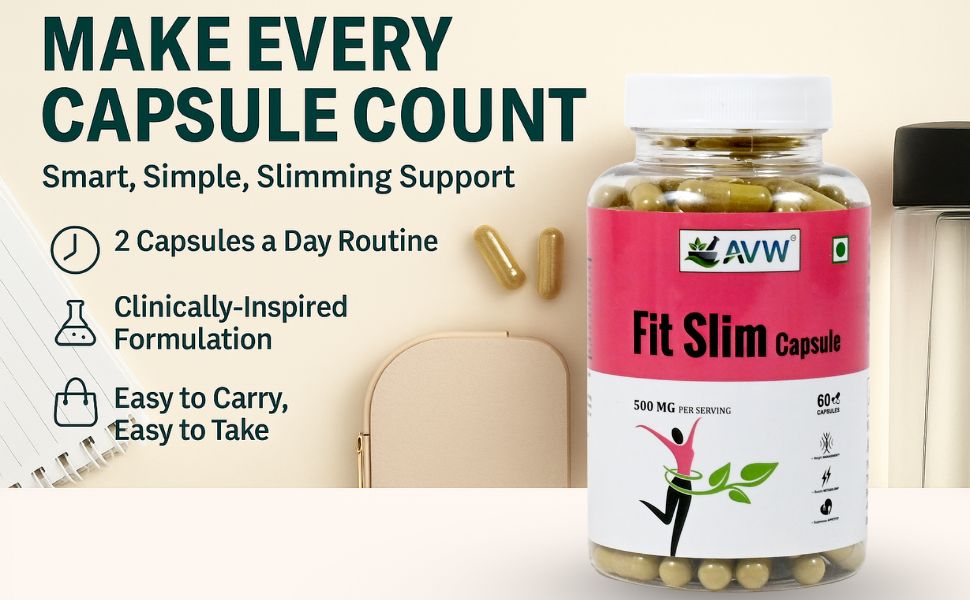 AVW Fit Slim 60 Herbal Capsules | 500mg , Weight Loss Supplement for Women & Men With Green Tea , Black Pepper , Vrikshamla , Guggulu , Haritaki , Ginger , Fenugreek | Metabolism Booster, Fat Burner Weight Loss Supplement for Fat Burn, Appetite Control & Metabolism Boost |