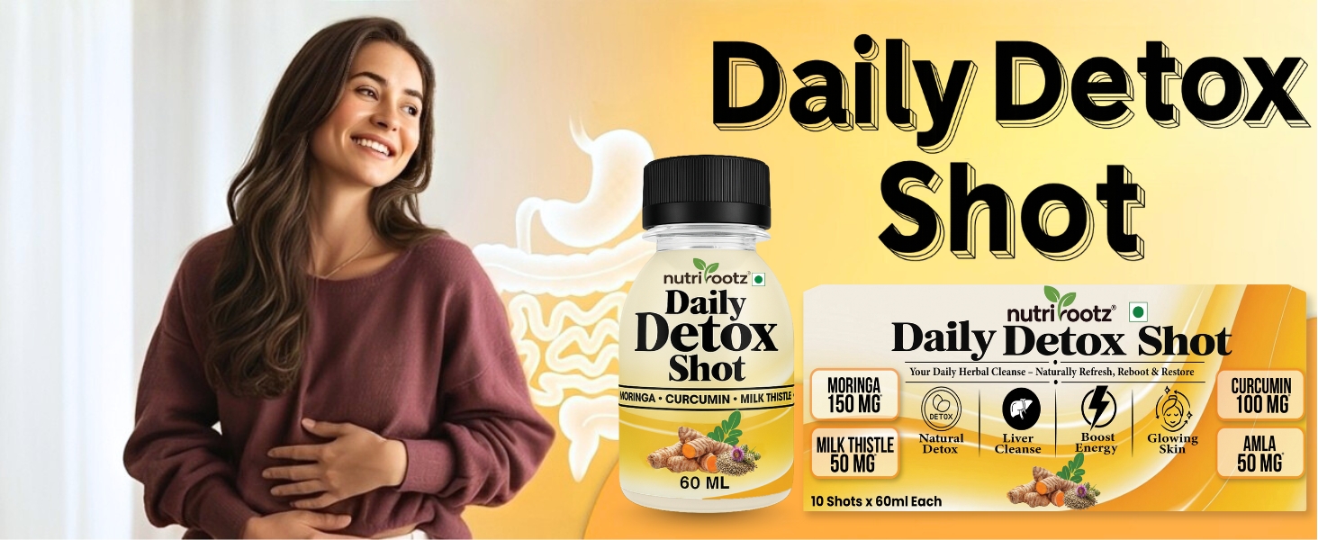 DAILY DETOX SHOT 60ML (1 Month Pack ) | Liver Detox Drink with Milk Thistle, Moringa, Curcumin & Bhui Amla | 8 Herb Ayurvedic Cleanse for Gut | Liver Care Juice | Gut Cleanse | Improves Probiotic Activity, Gut Health & Digestion | Herbal Detox Drink