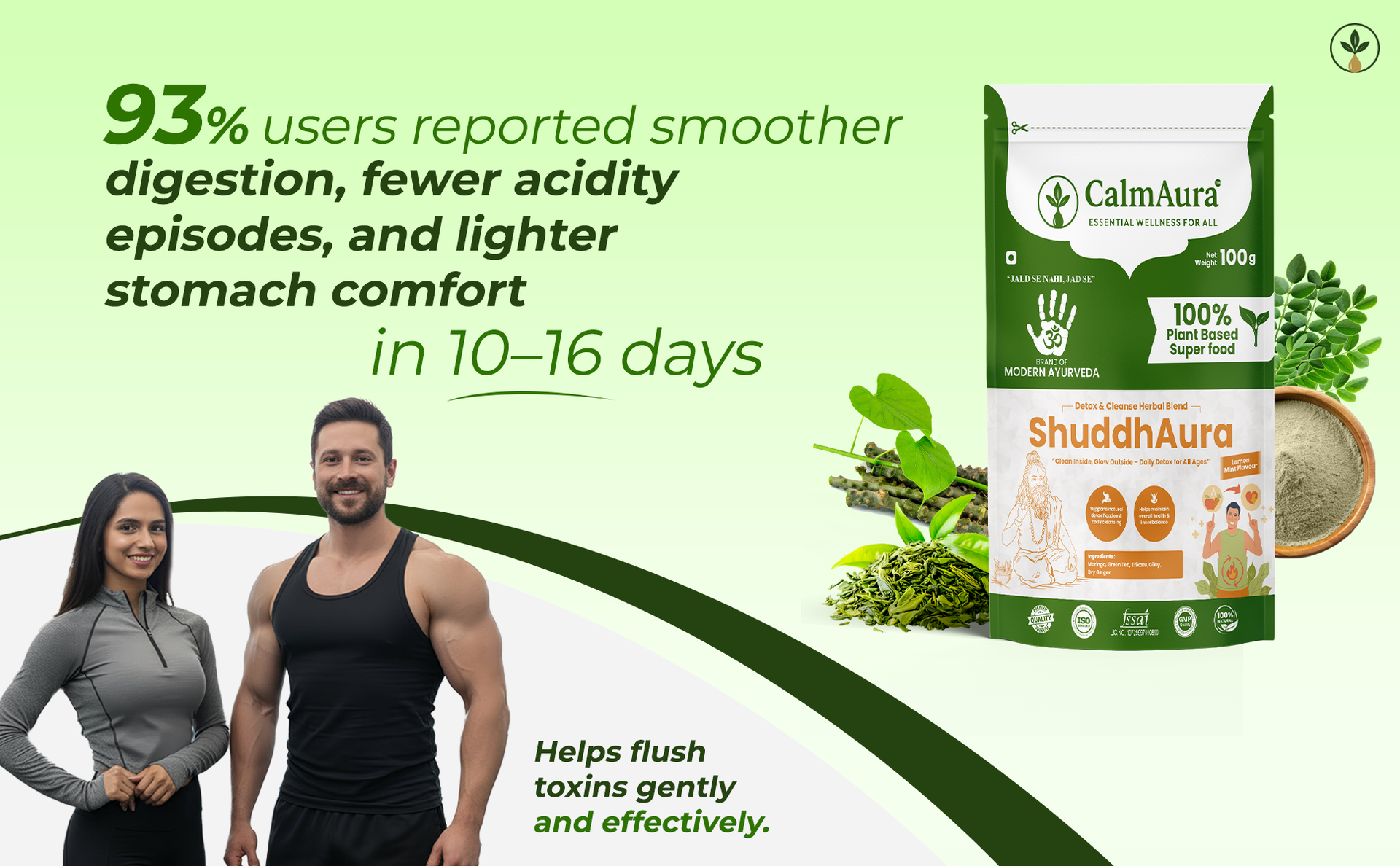 CalmAura ShuddhAura Ayurvedic Detox Wellness Powder 100g | Lemon Mint Flavor | Liver Support, Immunity & Energy Drink with Moringa Green Tea Giloy | Vegan