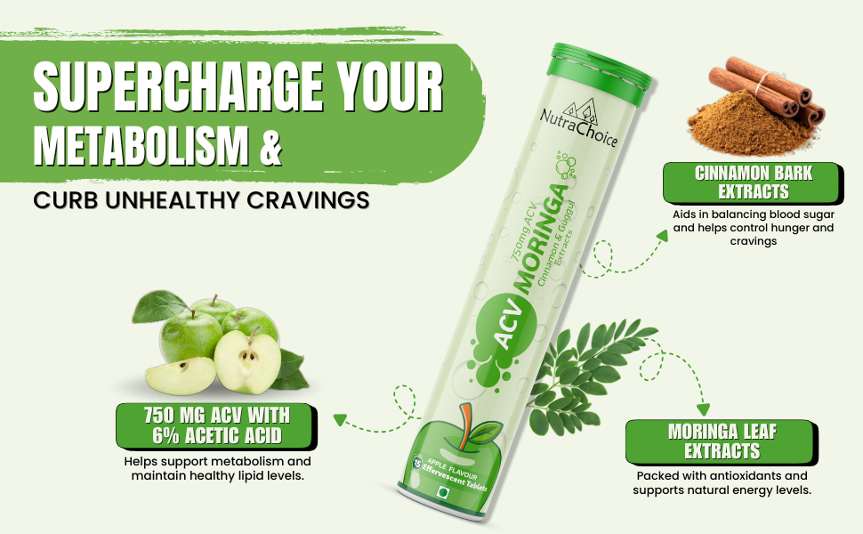 ACV Moringa 750 mg for Weight Loss | Control Cravings, Boost Metabolism & Control Weight | Added Cinnamon & Guggul | 15 Sugar Free Effervescent Tablets - Green Apple (Pack of 1)