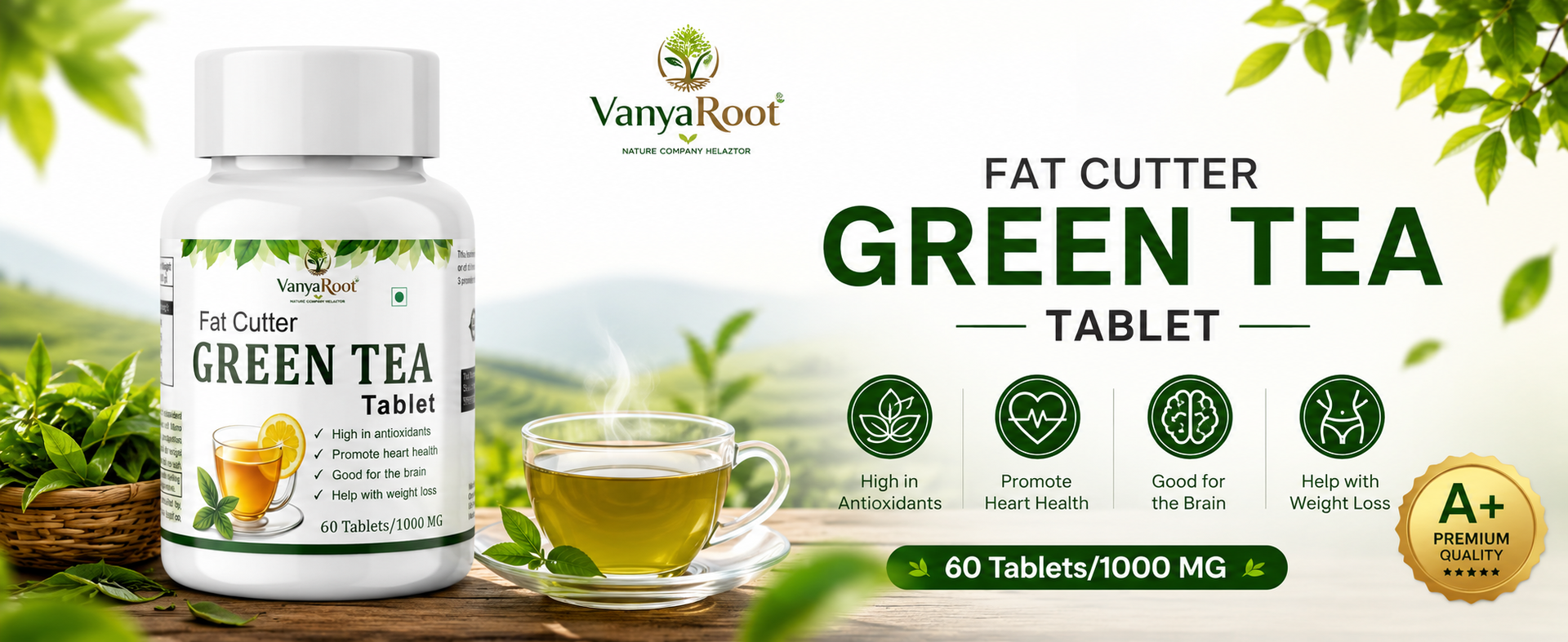 Vanya Root Fat Cutter Green Tea Wellness Tablet | Herbal Supplement with Green Tea Extract for Daily Wellness, Active Lifestyle & Routine Support |(Pack Of 60 Tablets)