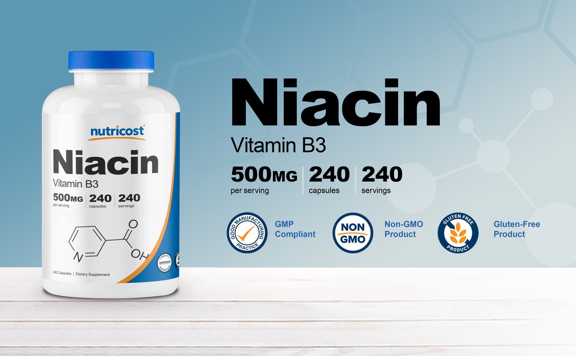 Nutricost Niacin (Vitamin B3) 500mg, 240 Capsules, with Flushing, GMO-Free