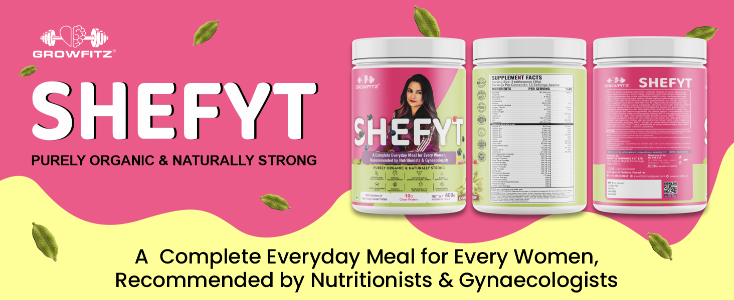 Growfitz Shefyt 100% Natural Plant Protein Rich 400g | 12g Protein | Meal Replacement Shake For Weight Control & Management | 50+ Powerful Herbs | Energy, Wellness, Immunity, Law Fat (Cardamom)