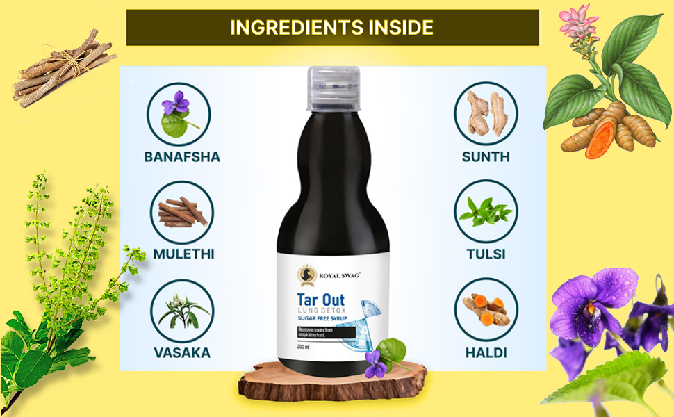 ROYAL SWAG Ayurvedic Lung Detox Syrup 200 ml Herbal Supplement | Made with Natural Extracts Tulsi, Mulethi, Vasava, Pippali, and Turmeric | Sugar Free Syrup For Lung Cleansing and Detoxification
