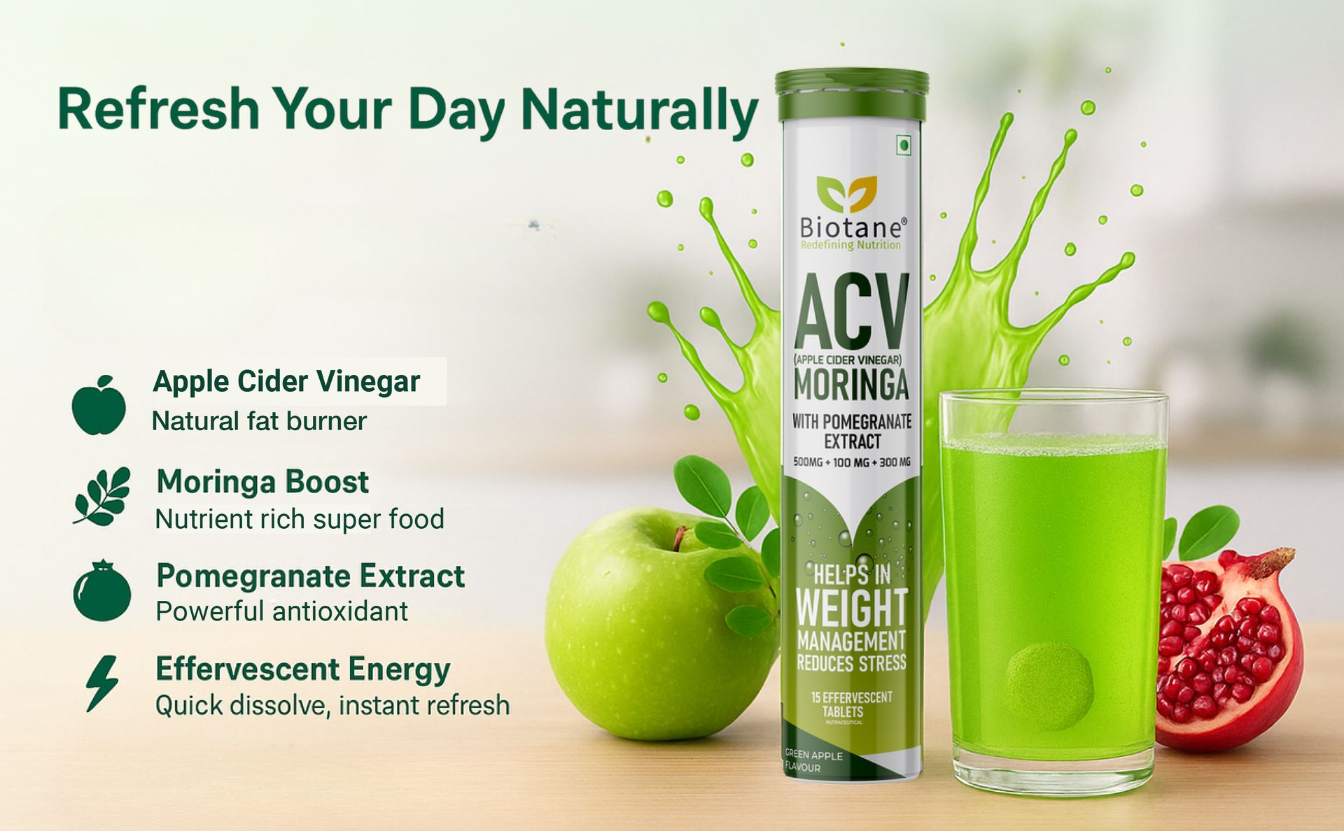 Biotane ACV (Apple Cider Vinegar) with Moringa & Pomegranate Extract Effervescent Tablets | Weight Management & Stress Relief Supplement | Green Apple Flavour – 15 Tablets