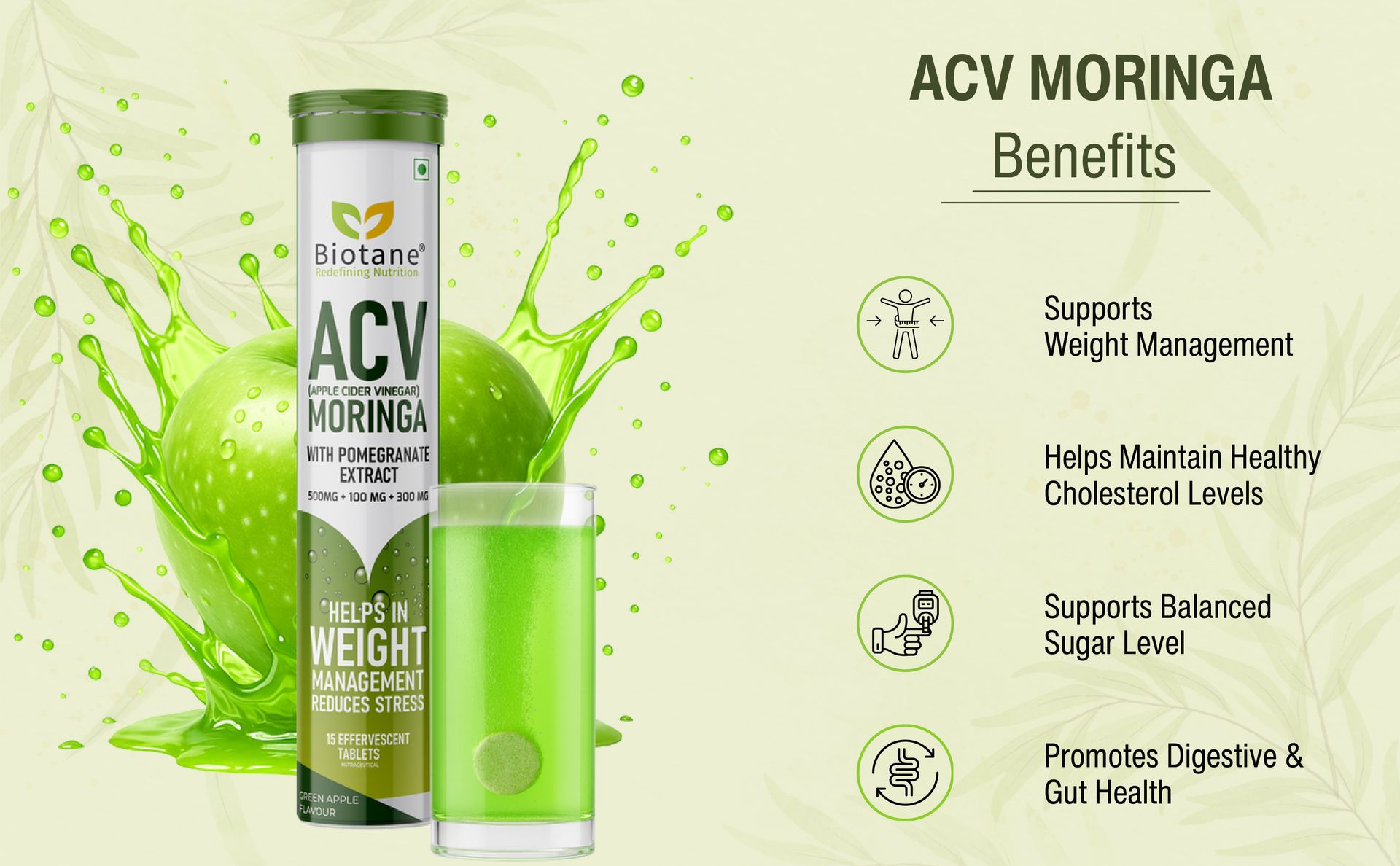 Biotane ACV (Apple Cider Vinegar) with Moringa & Pomegranate Extract Effervescent Tablets | Weight Management & Stress Relief Supplement | Green Apple Flavour – 15 Tablets