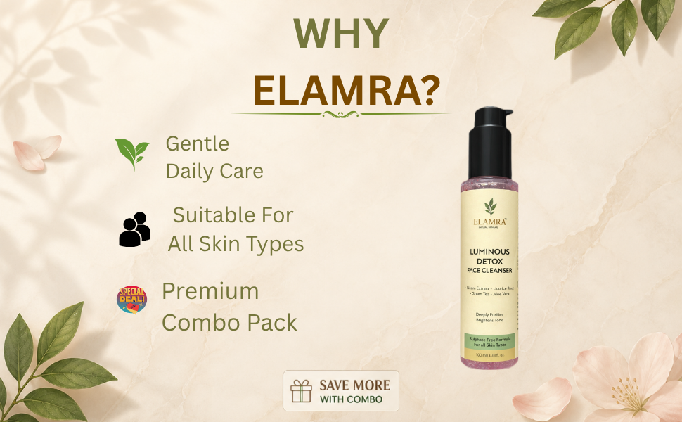 ELAMRA Luminous Detox Face Cleanser | Face Wash for Acne, Oil Control & Glowing Skin | 2% Neem + 1.5% Licorice Root + Green Tea | Sulphate-Free, pH-Balanced | For Oily & Acne-Prone Skin | 100ml