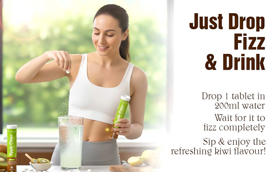 Apple Cider Vinegar Effervescent Tablets with Kiwi Flavour | With the Mother | Supports Digestion, Detox, Weight Management & Metabolism – 20 Tablets Pack of 3