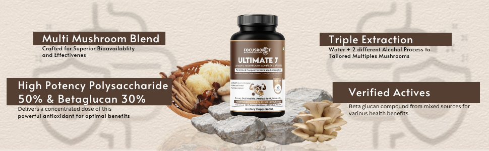Ultimate 7 Mushroom Extract 1000mg – Organic Functional Mushroom Complex – (Reishi, Chaga, Lion’s Mane, Turkey Tail, Cordyceps, Shiitake, Maitake) Capsules 1000 mg | Fruiting Body Extract | 30% Beta Glucan & 50% Polysaccharides | USDA Certified | GMP | 3rd Party Lab Tested |Immune & Daily Wellness Support | 60 Veg Capsules