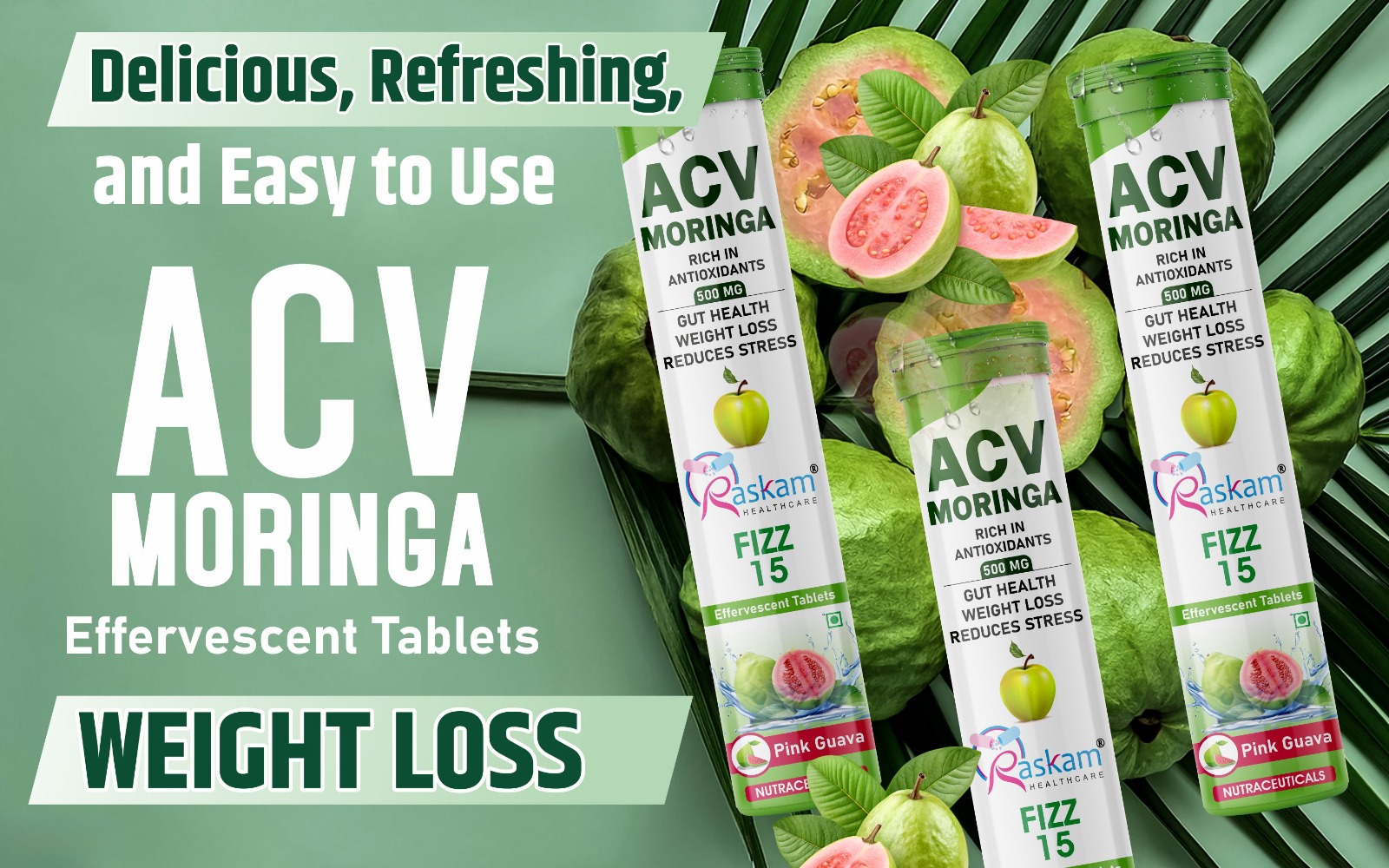 ACV Moringa Effervescent Tablets 500mg – Pink Guava Flavor, No Added Sugar, Supports Appetite Control, Immunity & Natural Energy – 15 Fizz Tabs (Pack of 1)