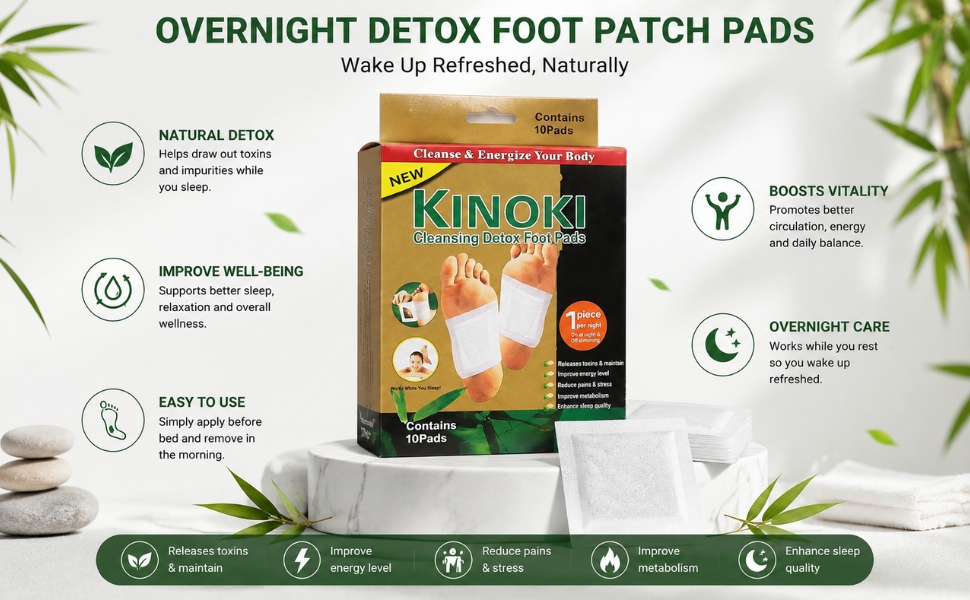 Kinoki Detox Foot Pad - Pack of 10 | Night Use Adhesive Foot Patches Comfortable Foot Care Pads for Relaxation and Daily Wellness Routine Easy to Use Foot Stickers