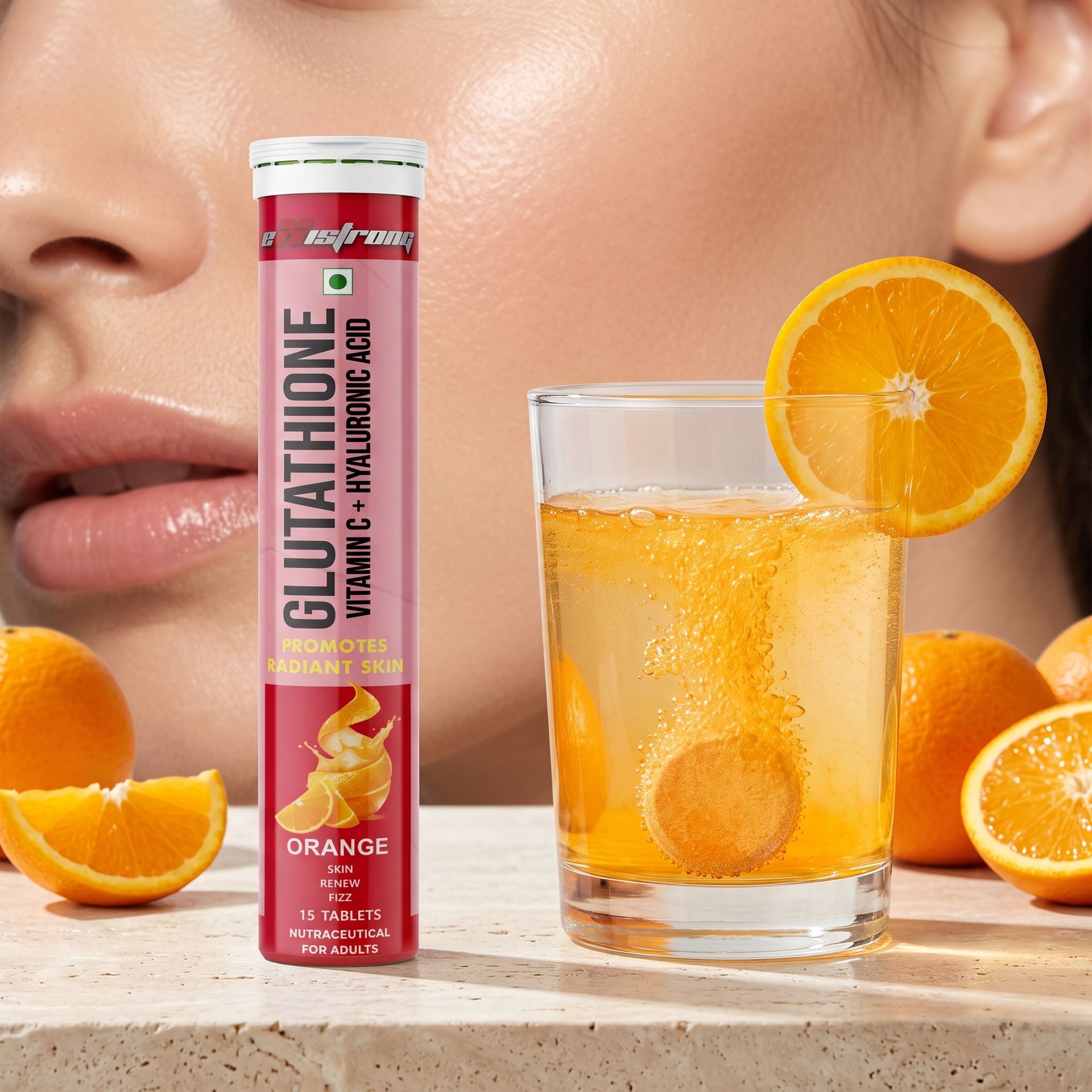 GloW Combo Glutathione 60 Effervescent Tablet (Orange) For Youthful Clear And Bright Skin, Pack Of 4 (60 Tablets) With Vitamin C And Hyaluronic Acid