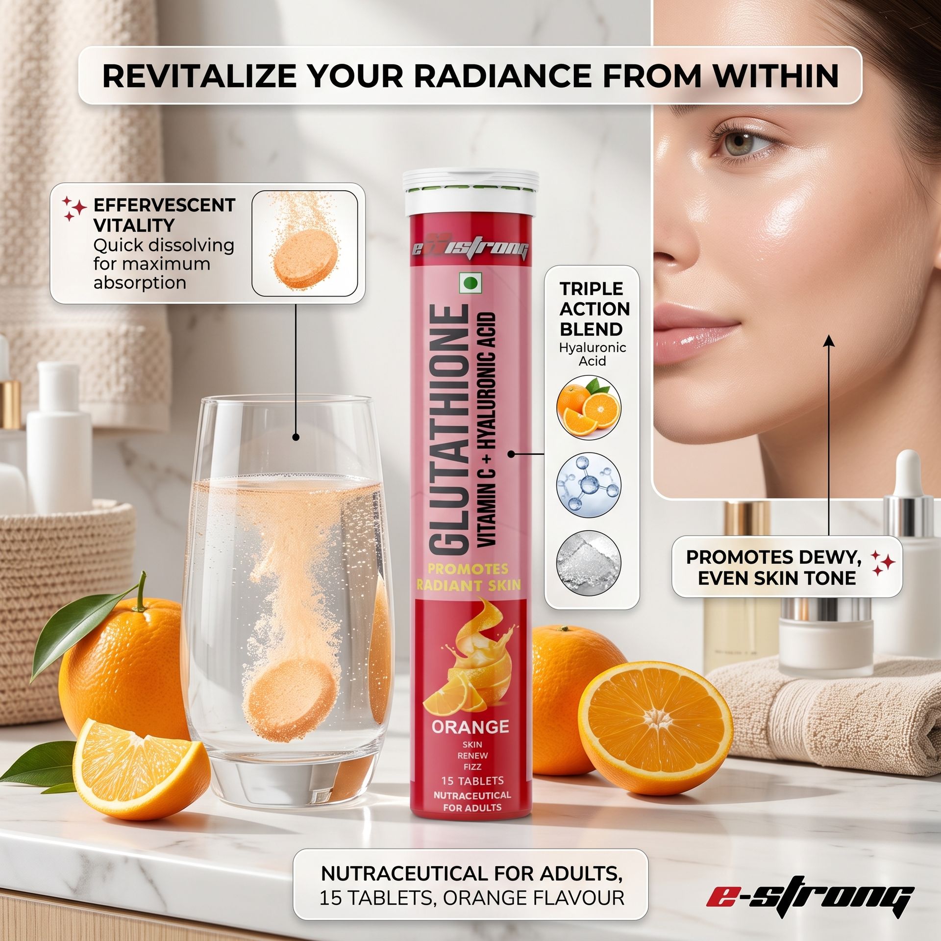 GloW Combo Glutathione 60 Effervescent Tablet (Orange) For Youthful Clear And Bright Skin, Pack Of 4 (60 Tablets) With Vitamin C And Hyaluronic Acid