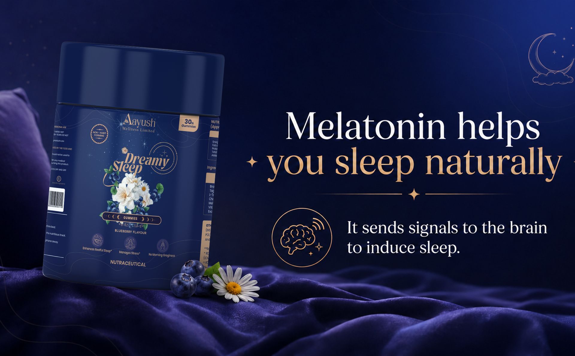 Aayush Wellness Sleep Gummies (Blueberry Flavor) | For Adults With Chamomile, Tagar & L-Tryptophan | Sleep Wellness, Calm Mind, Relaxation Support & Bedtime Routine | Gummy - 30 Gummies