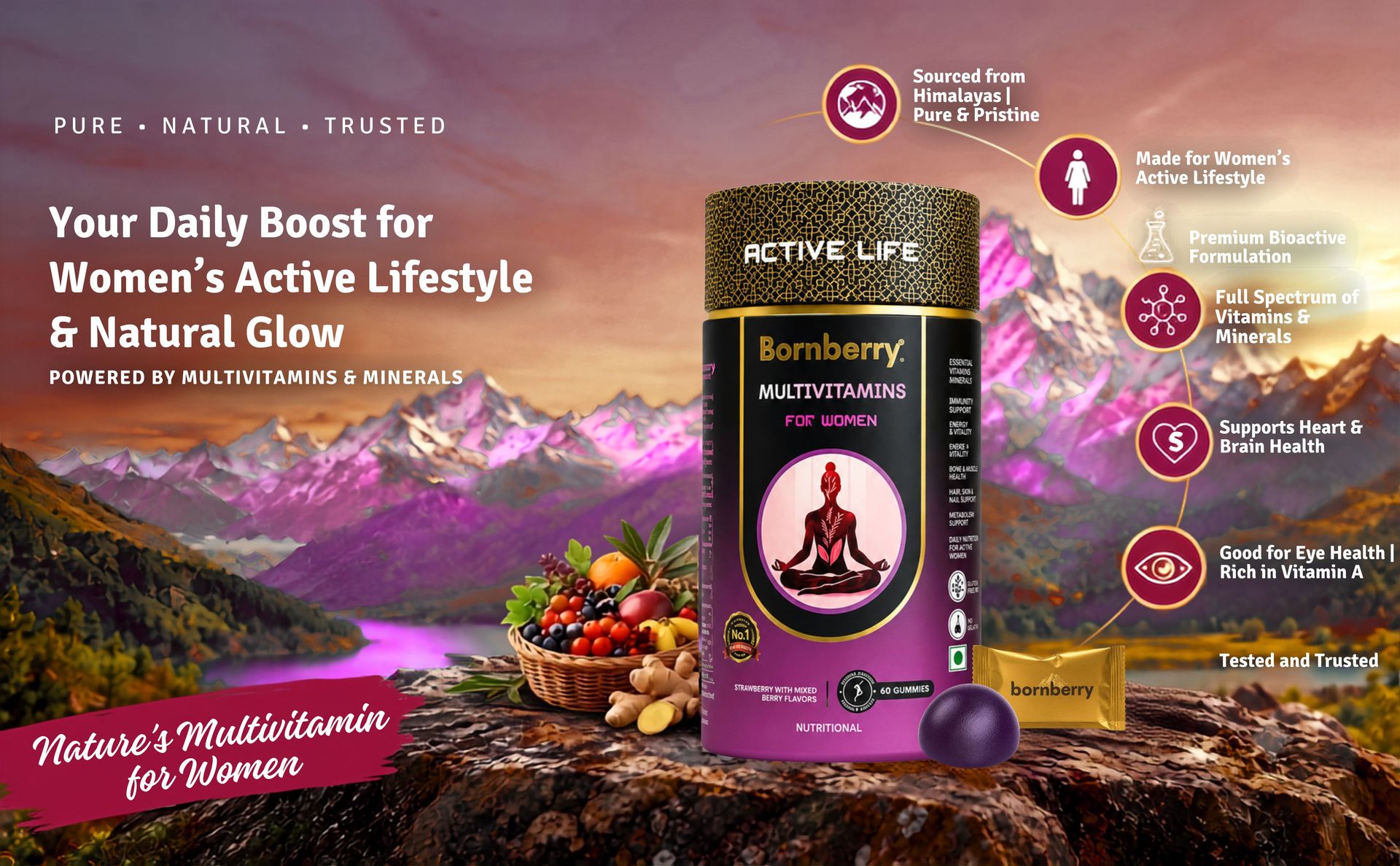 Multivitamins for Women Gummies | 15 Vitamins & 8 Minerals | With Glutathione, Vitamin C, Biotin, Zinc & Iodine | Strawberry with Mixed Berry Flavour | No Added Sugar | 60 Gummies