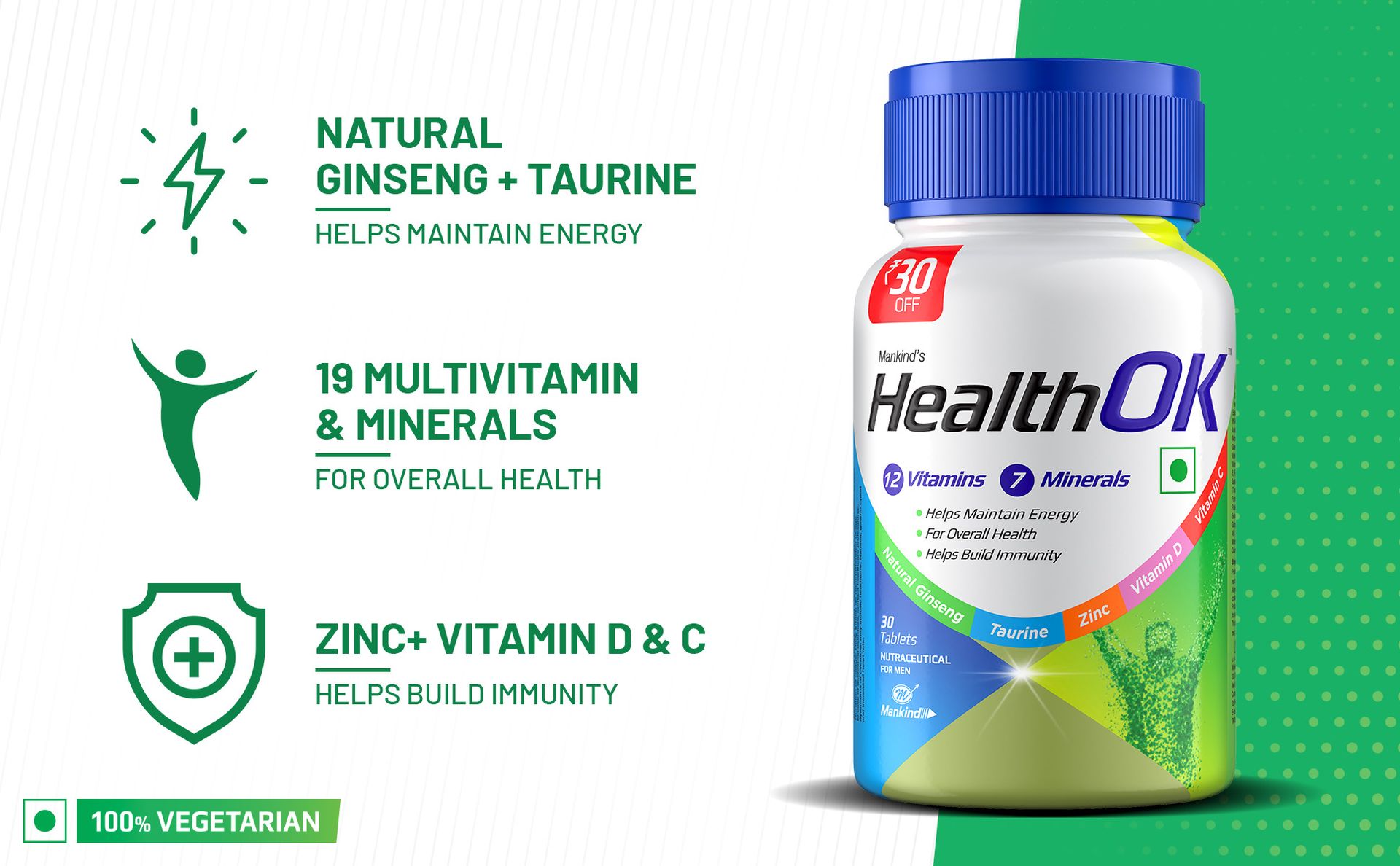 Health Ok Mankind's Multivitamin with Natural Ginseng & Taurine Power; Lemon Flavour,100% Vegetarian (4 x 10 tablets), 200 grams