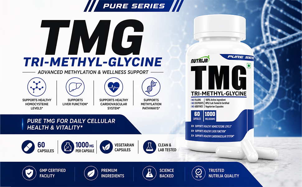 NutriJa Trimethylglycine TMG 1000mg | Betaine Anhydrous Supplement | 60 Veg Capsules | Supports Methylation & Healthy Homocysteine Metabolism