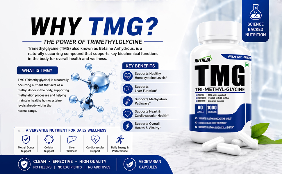 NutriJa Trimethylglycine TMG 1000mg | Betaine Anhydrous Supplement | 60 Veg Capsules | Supports Methylation & Healthy Homocysteine Metabolism