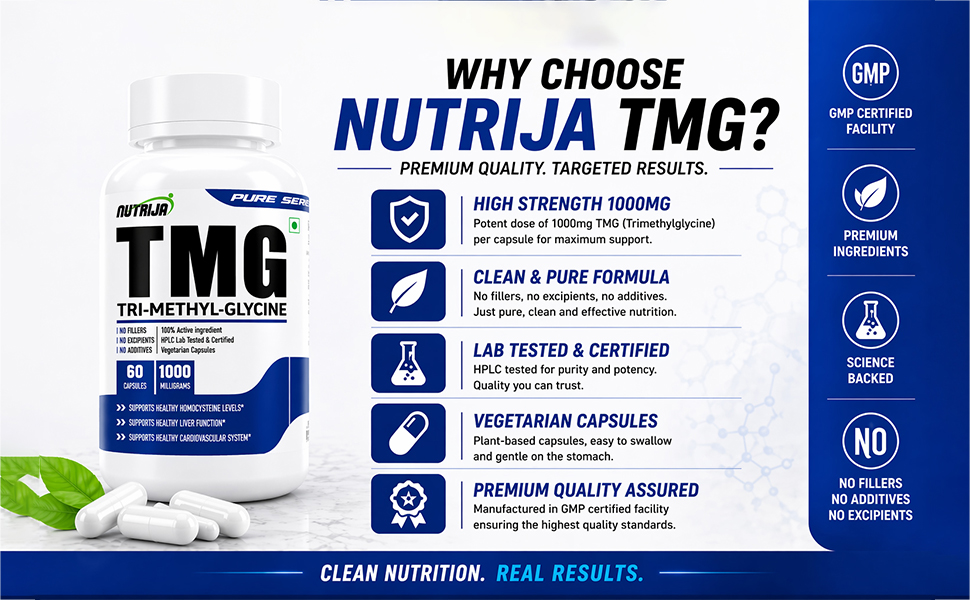 NutriJa Trimethylglycine TMG 1000mg | Betaine Anhydrous Supplement | 60 Veg Capsules | Supports Methylation & Healthy Homocysteine Metabolism