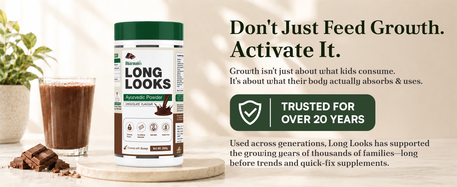 Long Looks Ayurvedic Growth & Development Powder for Kids & Teens | Supports Bone Strength, Nutrient Absorption & Physical Development | with Ashwagandha, Saffron, Moringa & Plant-Based Protein |200g