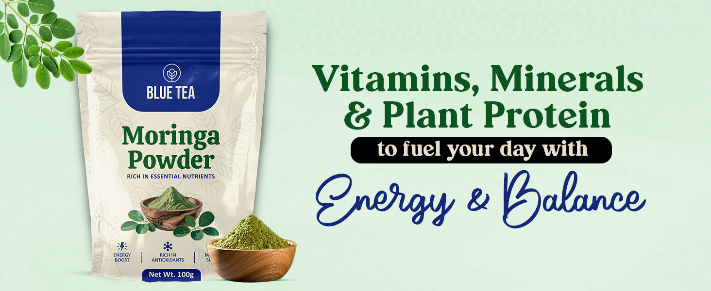 BLUE TEA - Moringa Powder - 100 gm | Essential Nutrients | Superfood | Rich in Vitamins & Minerals | Naturally Boosts Energy and Overall Health | Drumstick Leaf Powder | Ziplock Pack