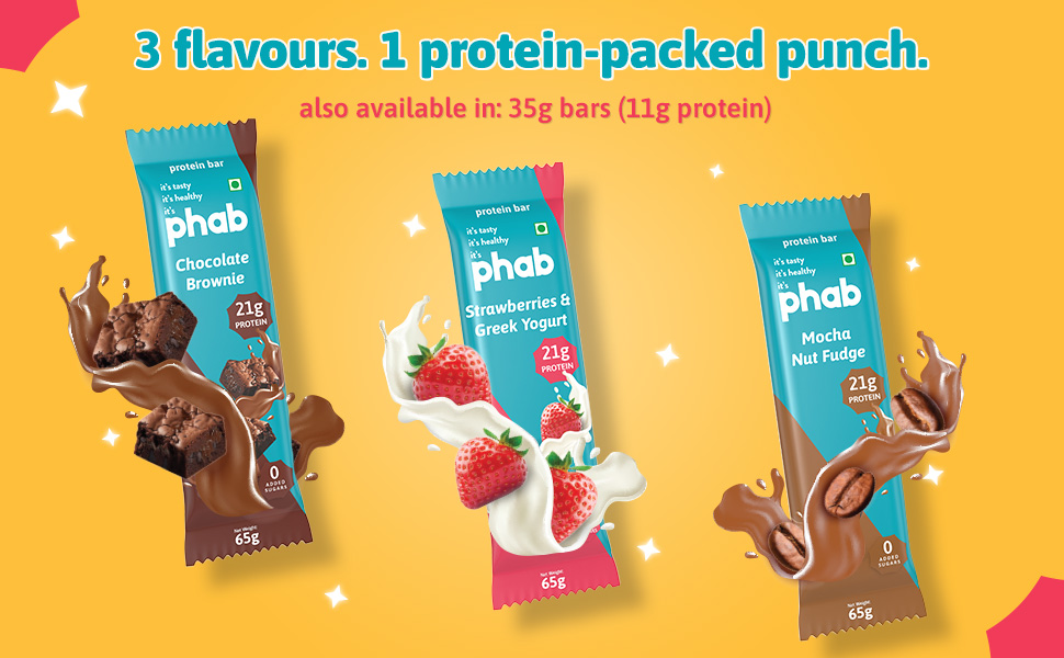 Phab Assorted Protein Bar with 21g Protein, 8g High Fibre & 0 Added Sugar 100% Vegetarian | Healthy & Tasty Protein bars | Trans Fat-Free & No Preservatives Protein bars (Pack of 12 x 65g)