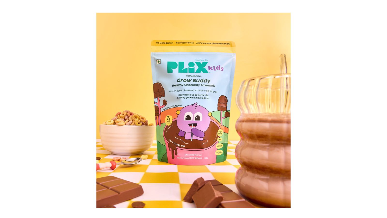 PLIX™ Kids GrowBuddy Chocolaty Powermix | 7g Protein | 20 Vitamins & Minerals | Ragi & Bajra | Supports Overall Health & Development | Healthier Growth & Stronger Bones | Best Protein Powder for Kids | Chocolate Flavour | 2+ Years (Pack of 1)