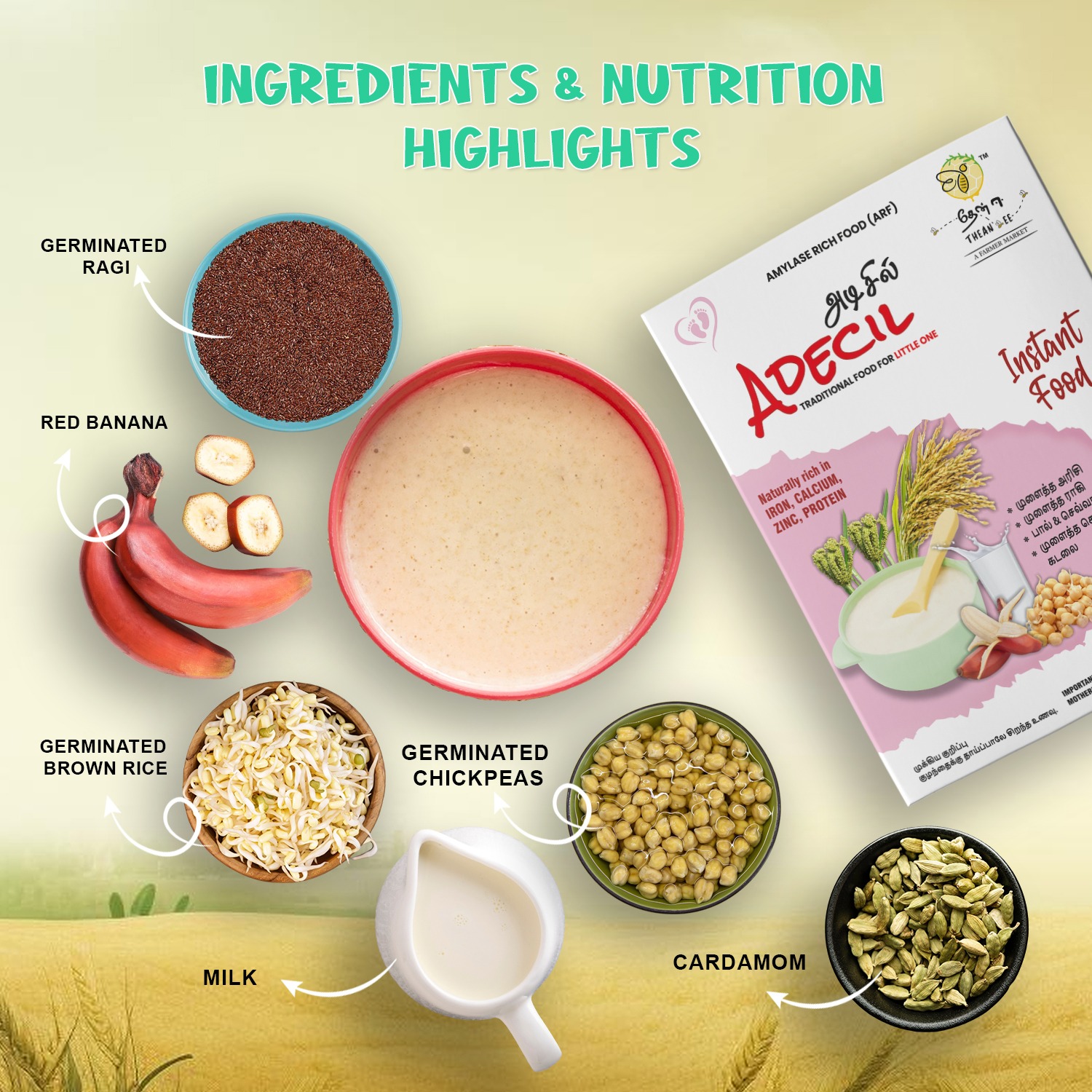 Adecil Instant Sprouted Baby Food for 6 Months+ | Just Add Hot Water/Milk | Germinated Ragi, Chickpea & Brown Rice Porridge | Natural Red Banana Flavour, No Added Sugar, Preservative Free, 300g