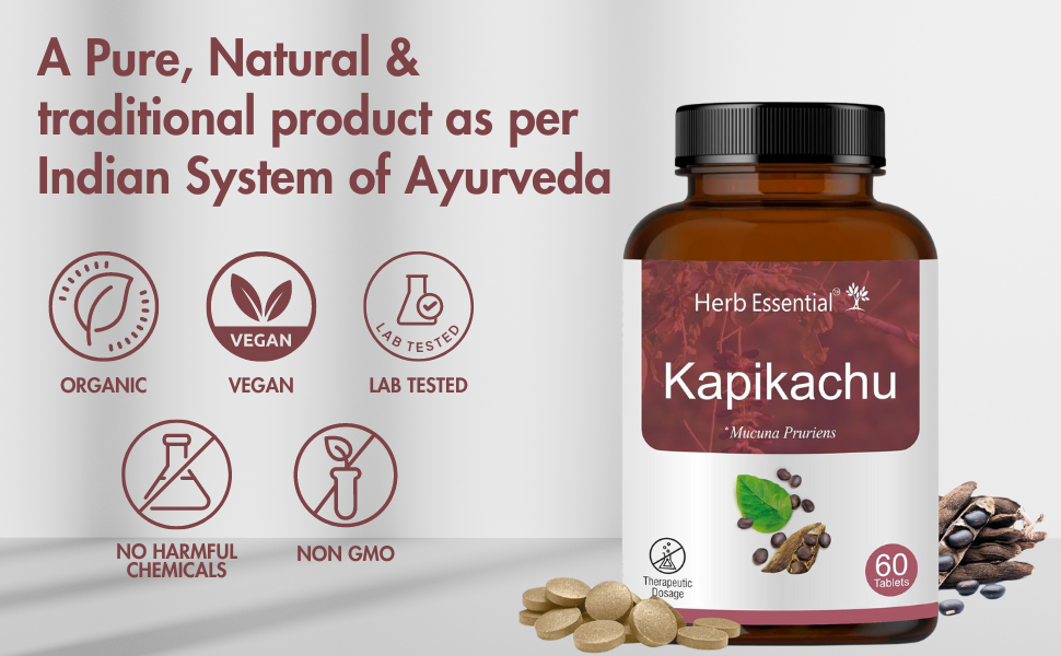 Herb Essential Kapikachu Tablets 500mg, 60 Tablets | Mucuna Pruriens, Boosts Energy, Vitality & Mood | Natural, Vegan & Paraben-Free | Ayurvedic Supplement