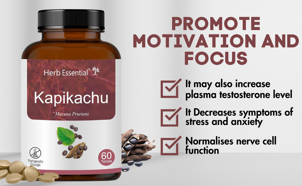 Herb Essential Kapikachu Tablets 500mg, 60 Tablets | Mucuna Pruriens, Boosts Energy, Vitality & Mood | Natural, Vegan & Paraben-Free | Ayurvedic Supplement