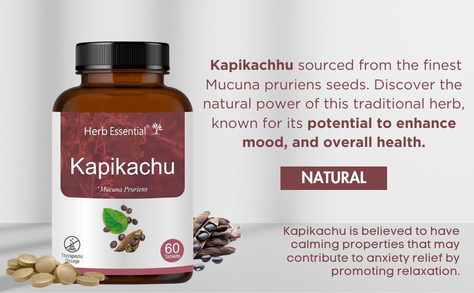 Herb Essential Kapikachu Tablets 500mg, 60 Tablets | Mucuna Pruriens, Boosts Energy, Vitality & Mood | Natural, Vegan & Paraben-Free | Ayurvedic Supplement