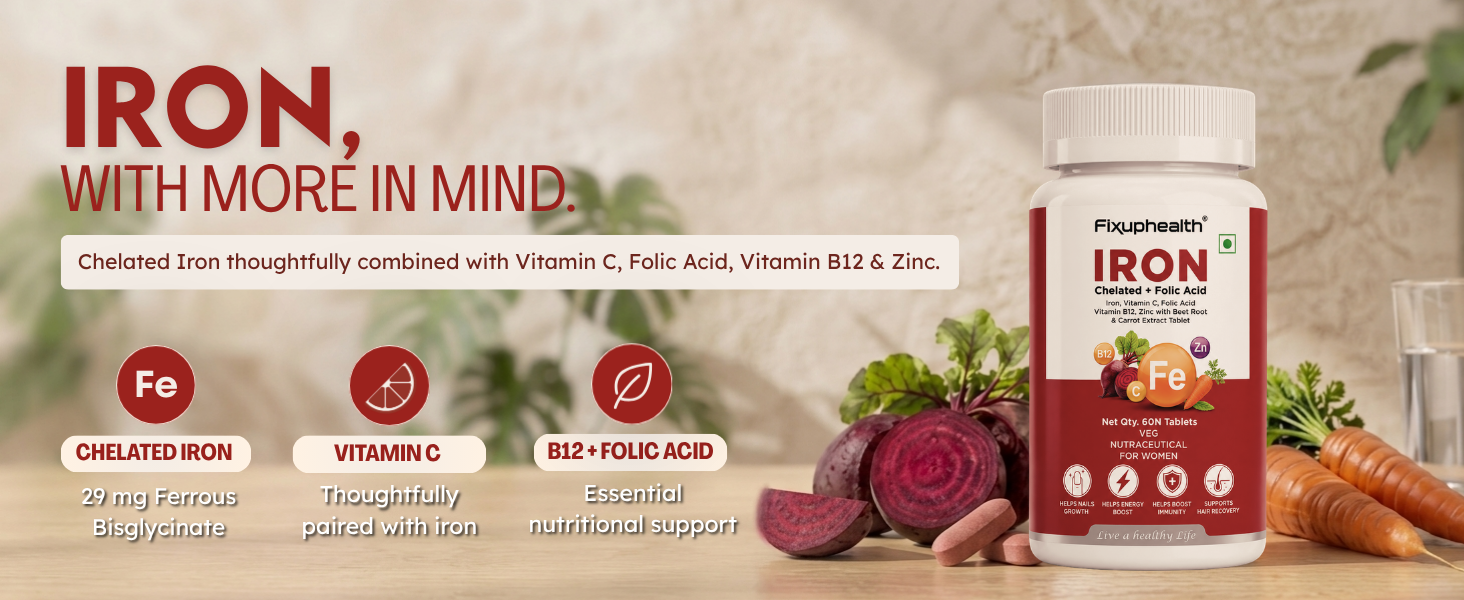 Fixuphealth Chelated Iron Supplement for Women | Folic Acid, Vitamin B12, Vitamin C, Zinc, Beetroot & Carrot Extract | High Absorption Iron Tablets for Women | (60 Tablets)