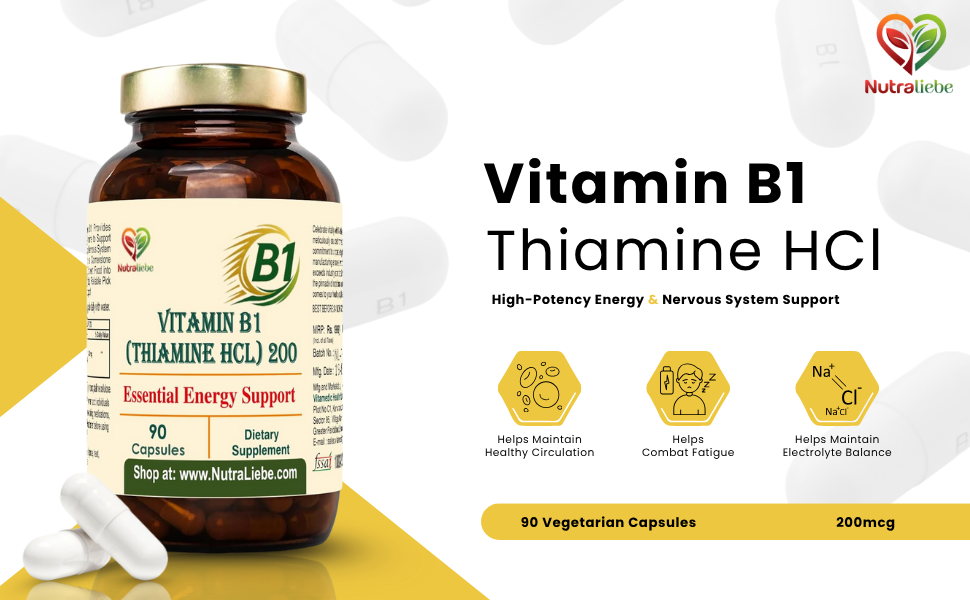 Vitamin B1 (Thiamine HCl) – High-Potency Energy & Nervous System Support | Promotes Metabolism, Heart Health & Brain Function | 90 Vegetarian Capsules | Non-GMO & Gluten-Free