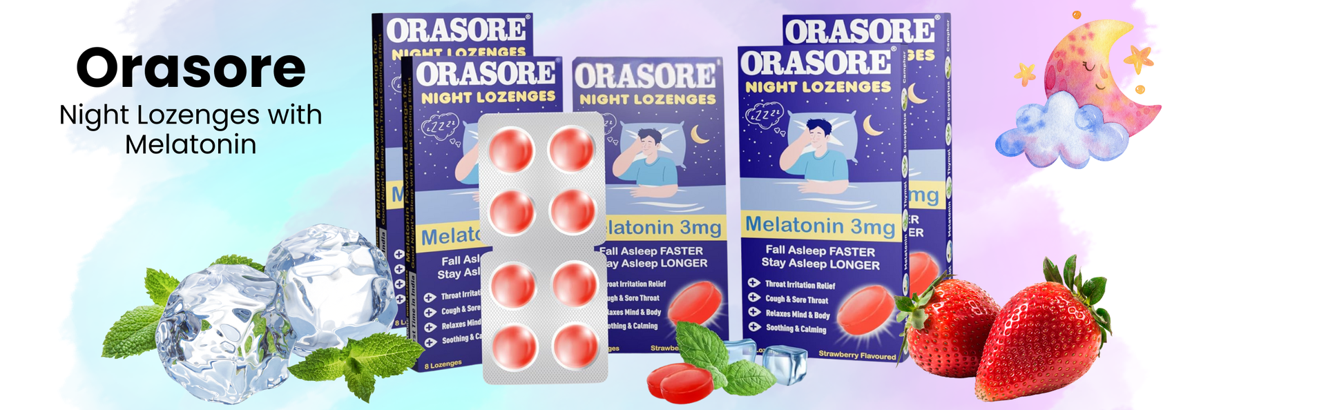 OraNight Lozenges with Melatonin 3mg, Eucalyptus & Menthol | Promotes Relaxation & Sleep | Fast Relief from Throat Irritation & Cough | Natural | Strawberry Flavor (Pack of 5)