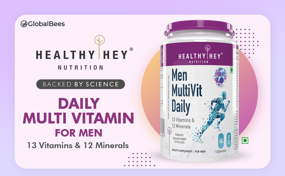 HealthyHey Nutrition Multivitamin For Men - Multi-Vit Daily - 13 Vitamins & 10 Minerals - 60 Vegetable Capsules,1 Count