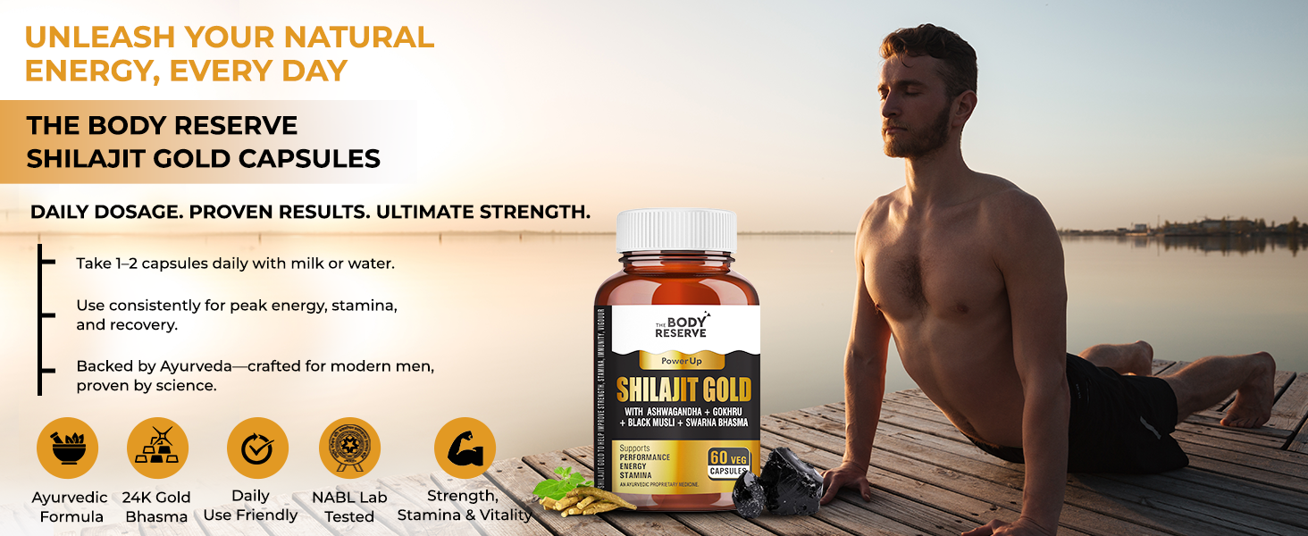 The Body Reserve Shilajit Gold Capsules For Men Himalayan Shilajeet With 24 Carat Gold, Gokshura, Ashwagandha, Kali Musli & Other Herbs For Stamina, Muscle Growth & Energy Ayurvedic 60 Veg Capsules