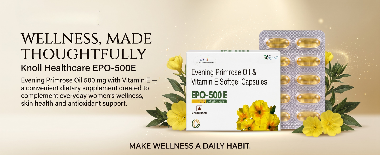Knoll Healthcare EPO-500E Evening Primrose Oil 500 mg with Vitamin E Softgel Capsules | Supports Women’s Wellness, Skin Health & Antioxidant Support | Dietary Supplement (3x10 Capsules)