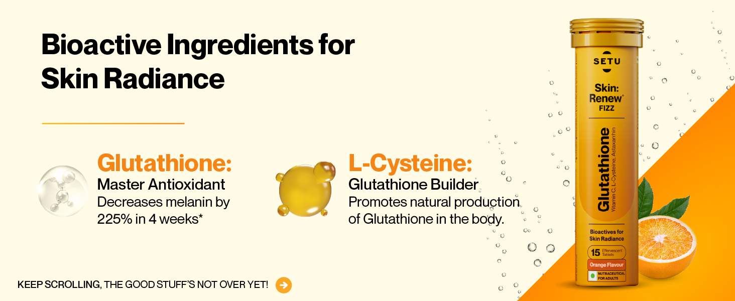 Setu Skin Renew Glutathione Tablets for Glowing Skin | 30 Effervescent Tablets with 500mg L-Glutathione & Vitamin C | Sugar-free Antioxidant & Skin Glow Supplement for Clear Skin | Orange (Pack of 2)